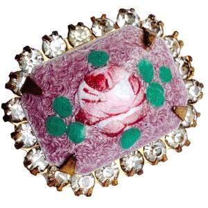 VTG 50s Reverse Painted Glass Rose Brooch Rhinestones Gold Tone Pin Mid Century